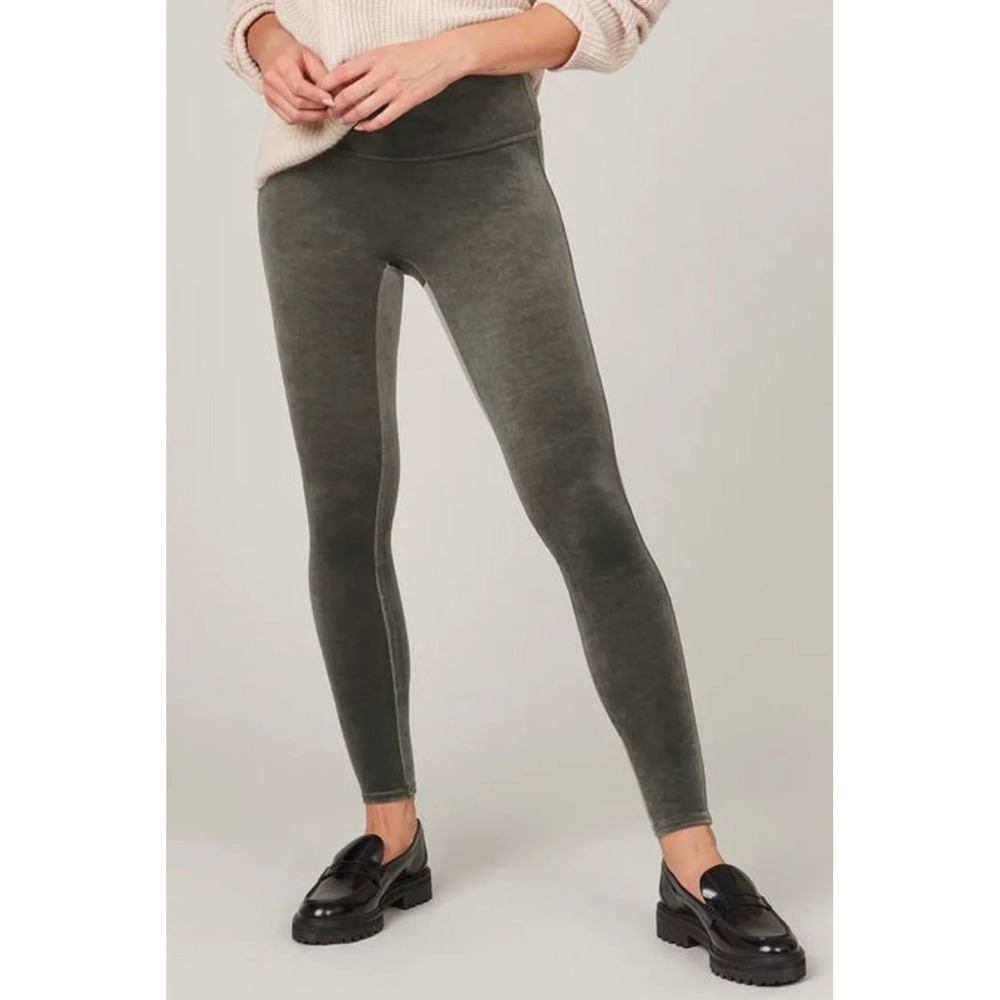 Spanx Velvet High Waisted Leggings Olive Green Shaping Slimming Pants Womens M